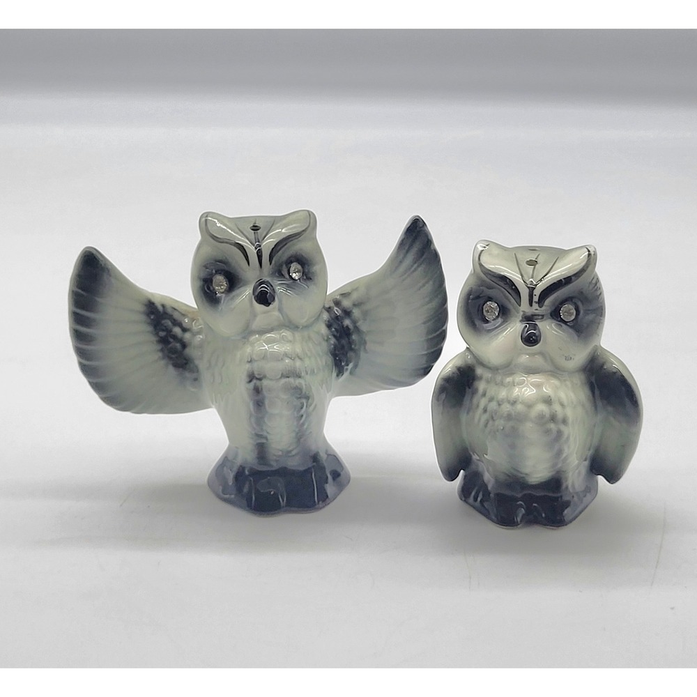 Vintage Enesco Japan MCM Owl Salt Pepper Shakers Gray Black Rhinestone Eyes